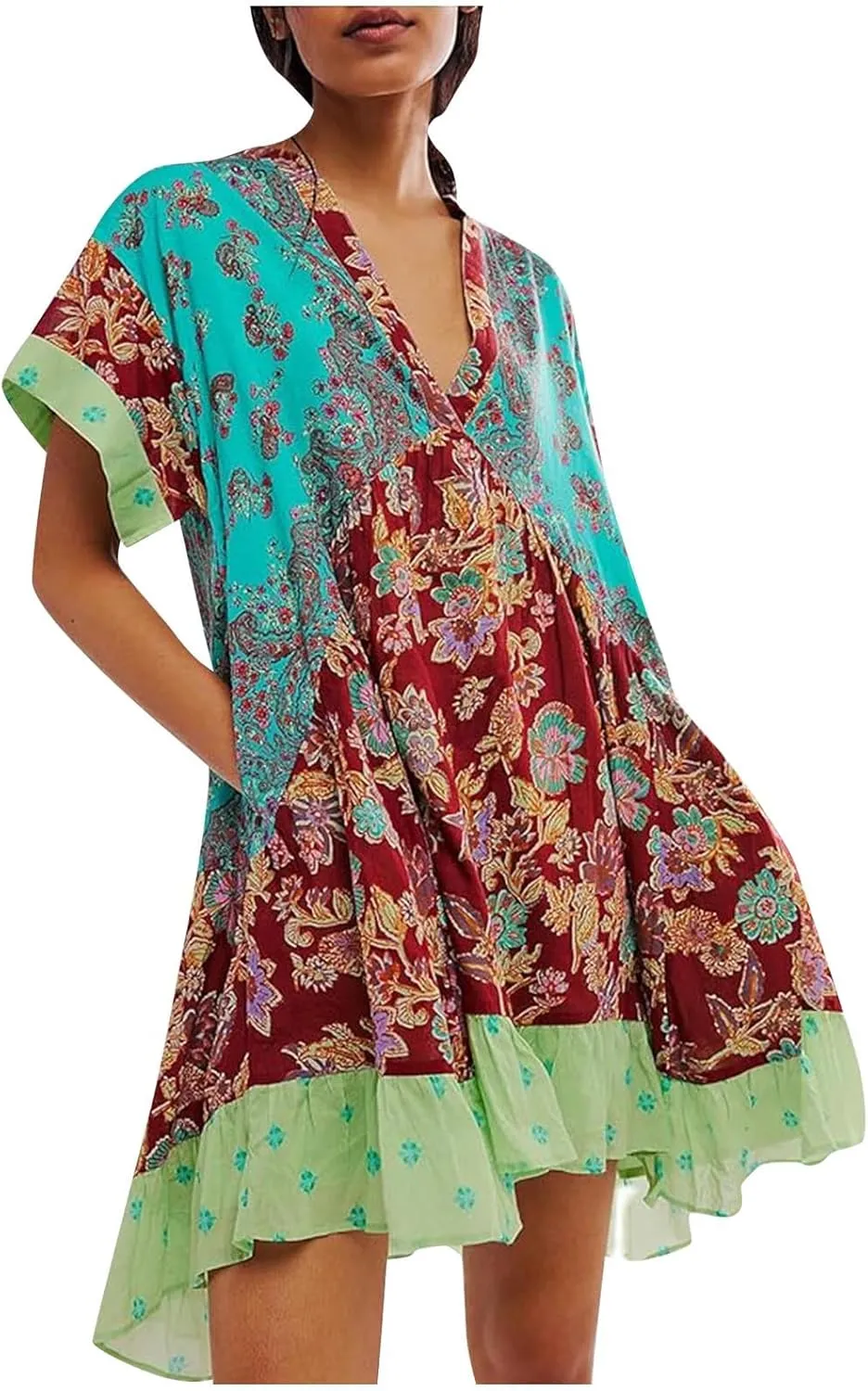 Womens Bohemian Babydoll Dress Casual Summer Floral Dresses Short Sleeve V Neck Sundress Flowy Ruffle Dress