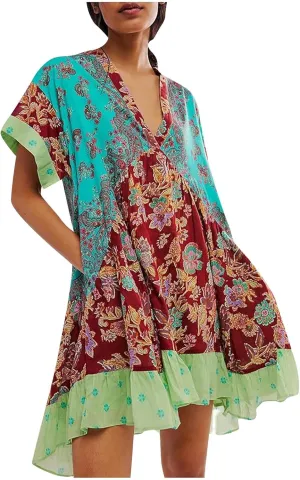 Womens Bohemian Babydoll Dress Casual Summer Floral Dresses Short Sleeve V Neck Sundress Flowy Ruffle Dress