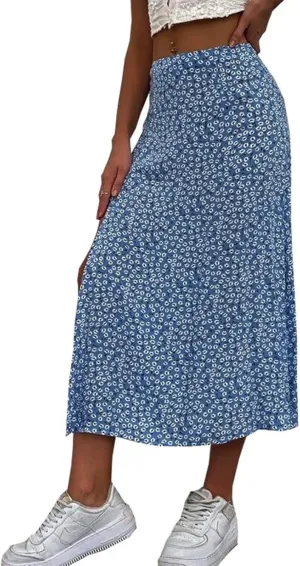 Womens Boho Floral Skirt with Slit Summer Beach Flowy Midi Skirts Sexy High Waisted A-Line Skirts Casual Wraps Skirt Dresses