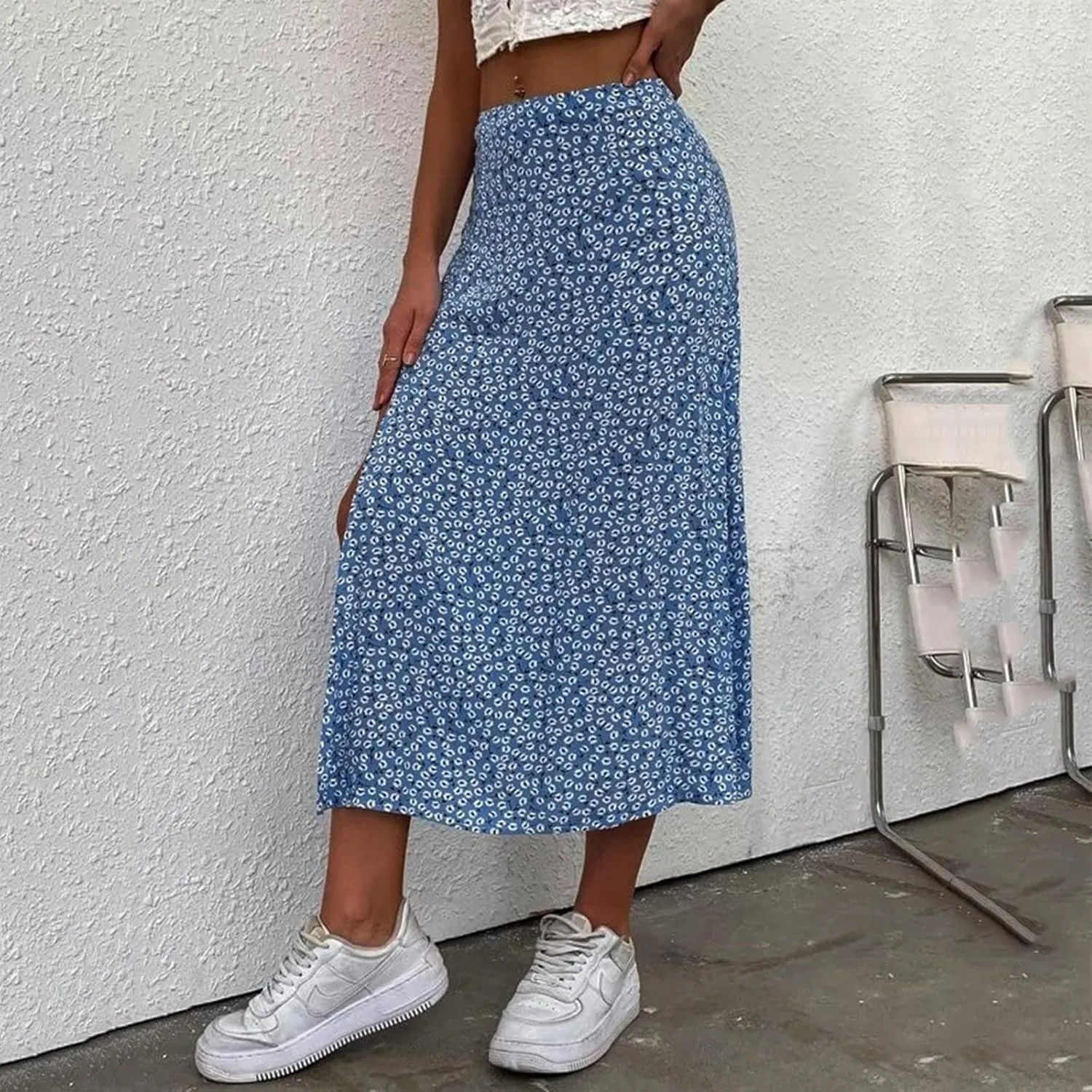 Womens Boho Floral Skirt with Slit Summer Beach Flowy Midi Skirts Sexy High Waisted A-Line Skirts Casual Wraps Skirt Dresses