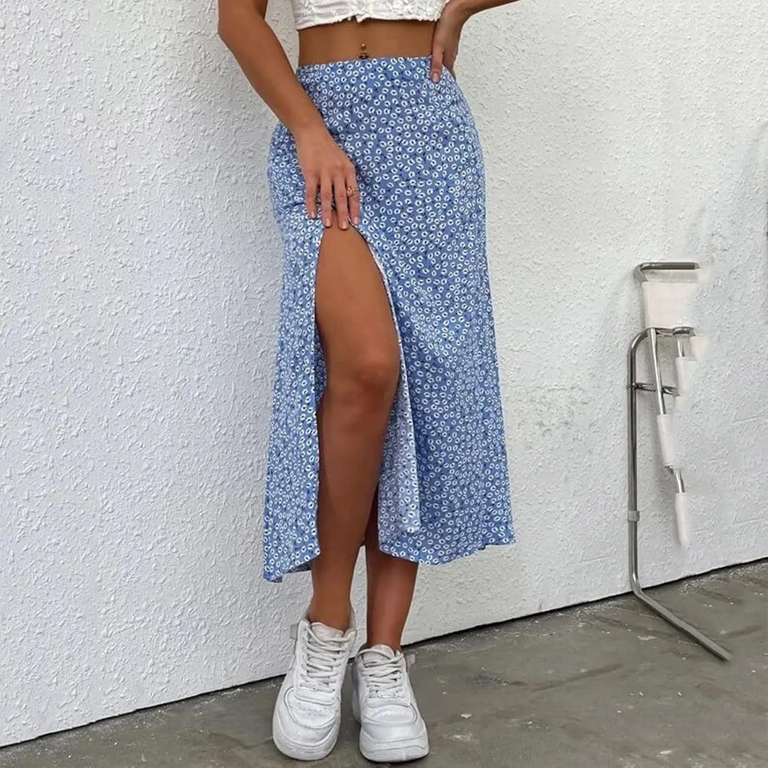 Womens Boho Floral Skirt with Slit Summer Beach Flowy Midi Skirts Sexy High Waisted A-Line Skirts Casual Wraps Skirt Dresses