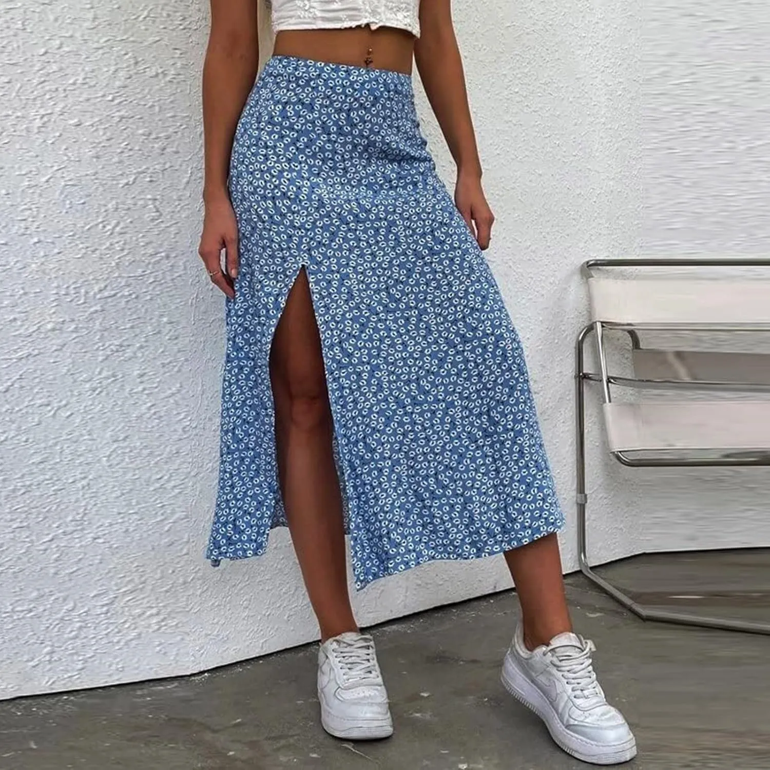 Womens Boho Floral Skirt with Slit Summer Beach Flowy Midi Skirts Sexy High Waisted A-Line Skirts Casual Wraps Skirt Dresses