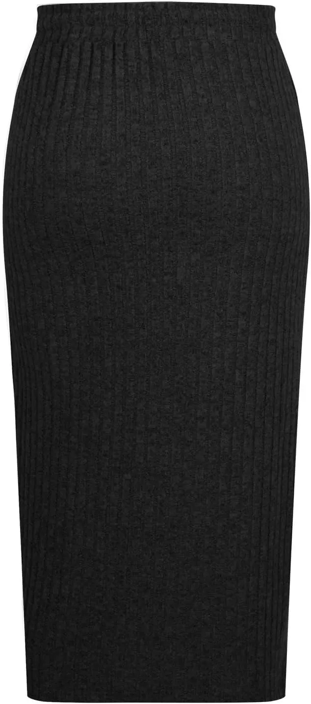 Women's Business Ribbed Knit Midi Skirts High Waist Drawstring Bodycon Skirt Fashion Slim Fit Work Office Skirts