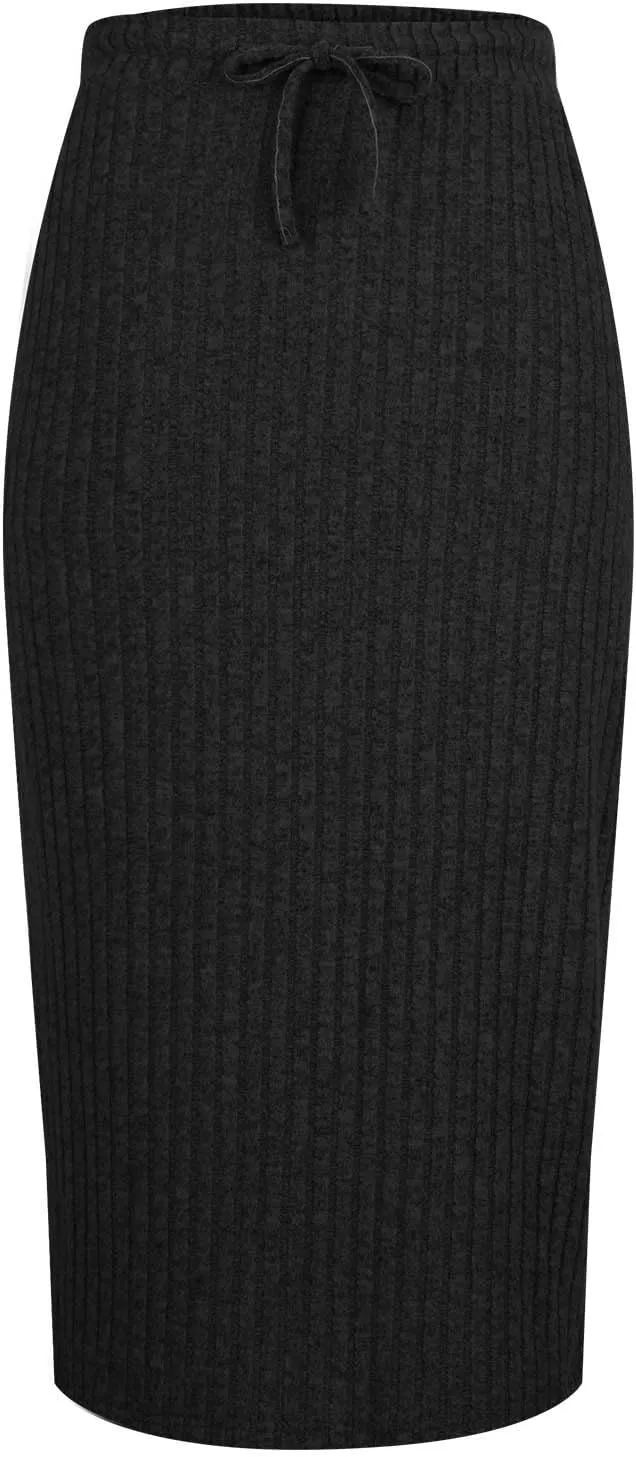 Women's Business Ribbed Knit Midi Skirts High Waist Drawstring Bodycon Skirt Fashion Slim Fit Work Office Skirts