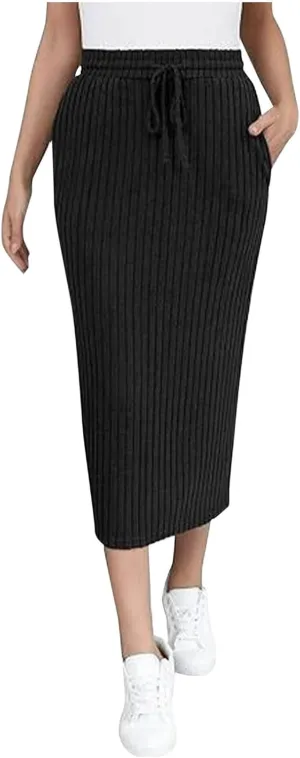 Women's Business Ribbed Knit Midi Skirts High Waist Drawstring Bodycon Skirt Fashion Slim Fit Work Office Skirts