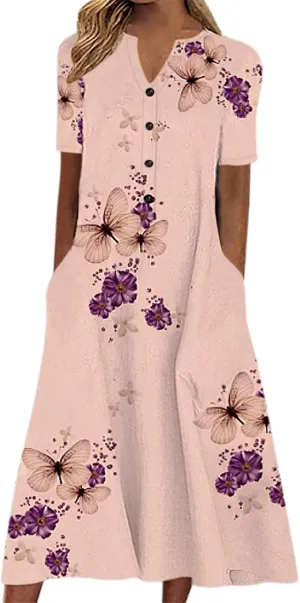 Women's Casual Cocktail Dresses Summer V Neck Button Midi Dress with Pockets Long Beach Dresses Sundresses