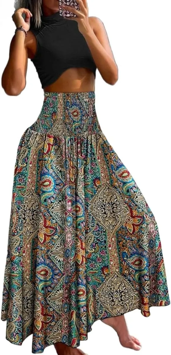 Womens Casual High Waist Tie Print Long Maxi Skirt Women Fashion A-Line Flared Maxi Skirts