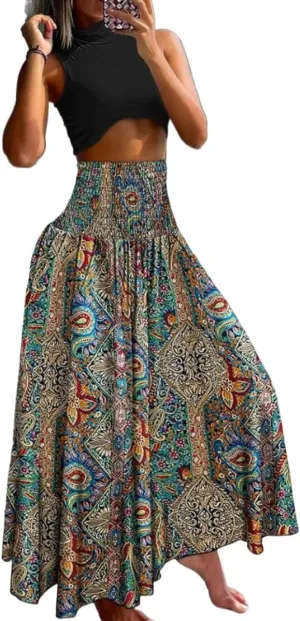 Womens Casual High Waist Tie Print Long Maxi Skirt Women Fashion A-Line Flared Maxi Skirts