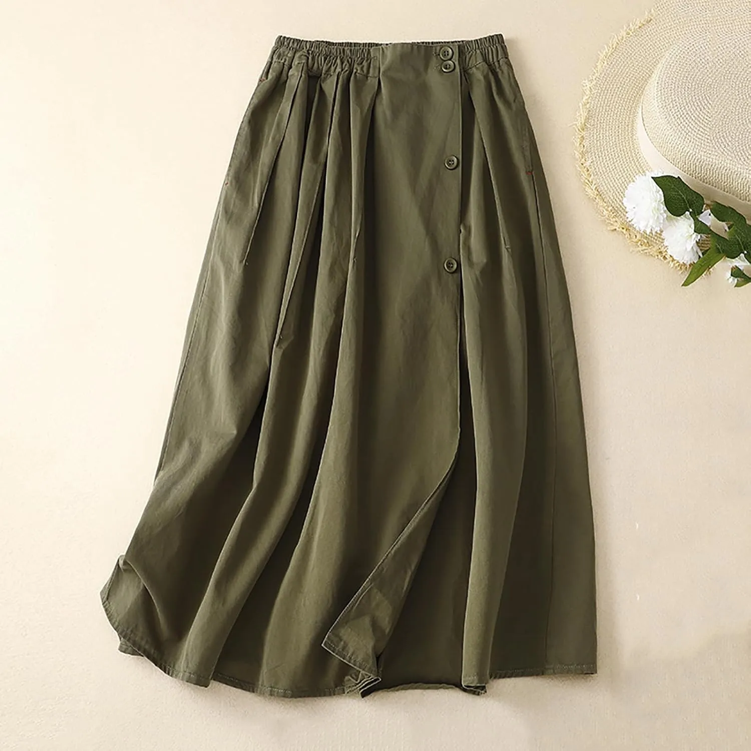Women's Casual Midi Skirt, Fashion Side Split Button Down Clothes High Waist All Match A-Line Comfy Pleated Skirts