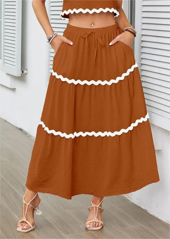 Women's Casual Summer Boho Long Skirt Elastic Waist Ruffle Tiered Skirt Cute Beach A-line Flowy Maxi Skirts