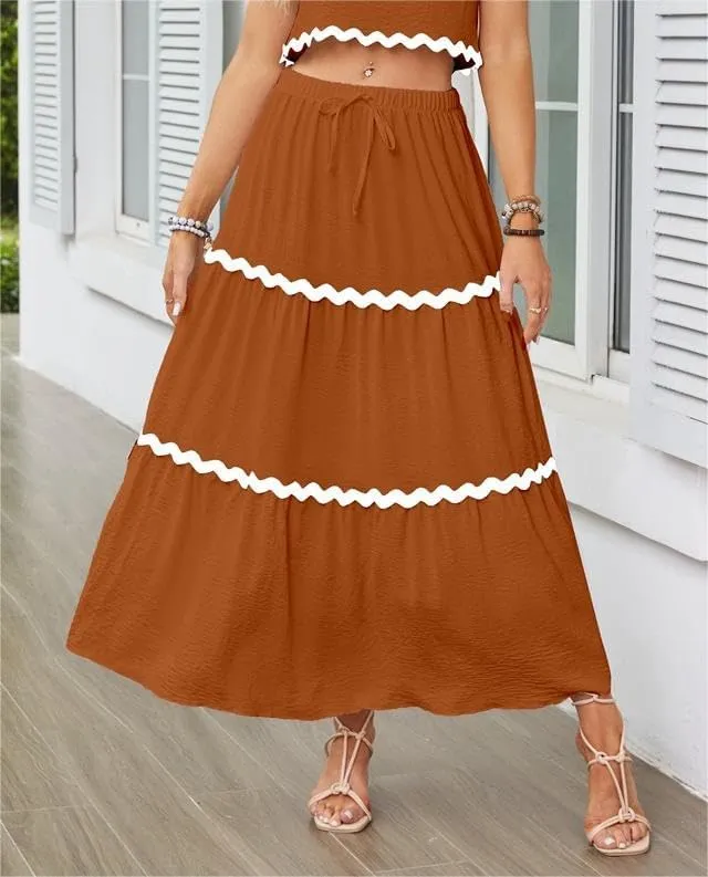 Women's Casual Summer Boho Long Skirt Elastic Waist Ruffle Tiered Skirt Cute Beach A-line Flowy Maxi Skirts