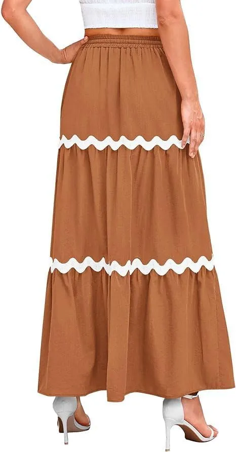 Women's Casual Summer Boho Long Skirt Elastic Waist Ruffle Tiered Skirt Cute Beach A-line Flowy Maxi Skirts