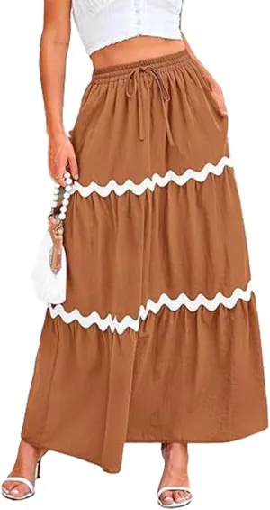 Women's Casual Summer Boho Long Skirt Elastic Waist Ruffle Tiered Skirt Cute Beach A-line Flowy Maxi Skirts