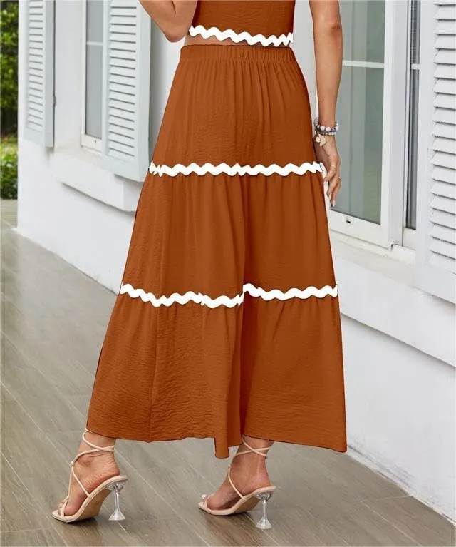 Women's Casual Summer Boho Long Skirt Elastic Waist Ruffle Tiered Skirt Cute Beach A-line Flowy Maxi Skirts