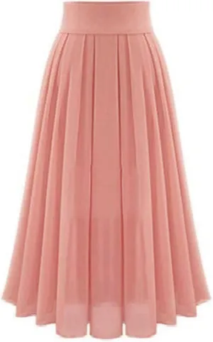 Womens Chiffion Pleated Skirt Comfy High Waist A-Line Maxi Skirt Double Layer Solid Color Ankle Length Skirt