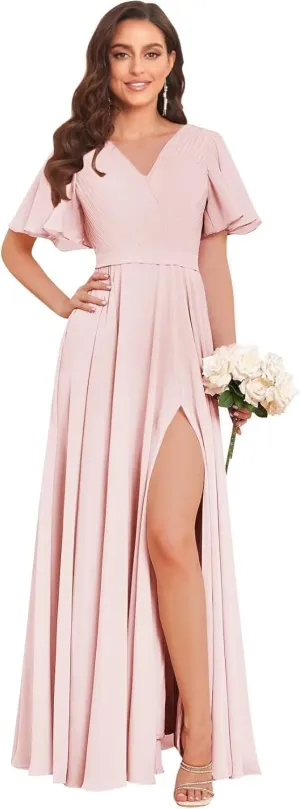 Women's Chiffon Bridesmaid Dresses for Wedding A Line V Neck Pleated Formal Evening Dresses