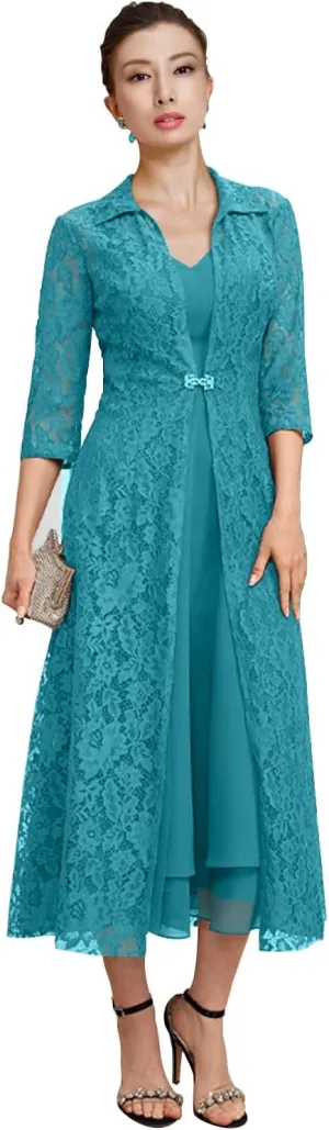 Women's Chiffon Mother of The Bride Dresses for Wedding V Neck Lace Long Formal Evening Gowns