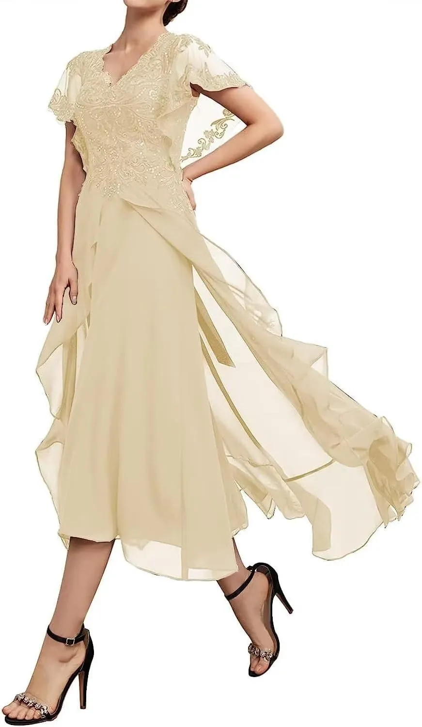 Women's Chiffon Mother of The Bride Dresses Tea Length with Sleeves Lace High Low Long Formal Evening Gowns