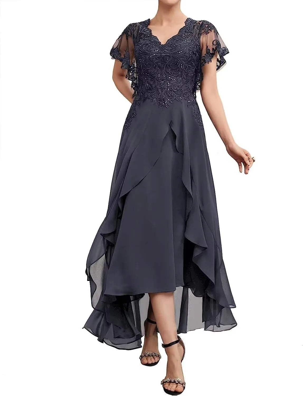 Women's Chiffon Mother of The Bride Dresses Tea Length with Sleeves Lace High Low Long Formal Evening Gowns