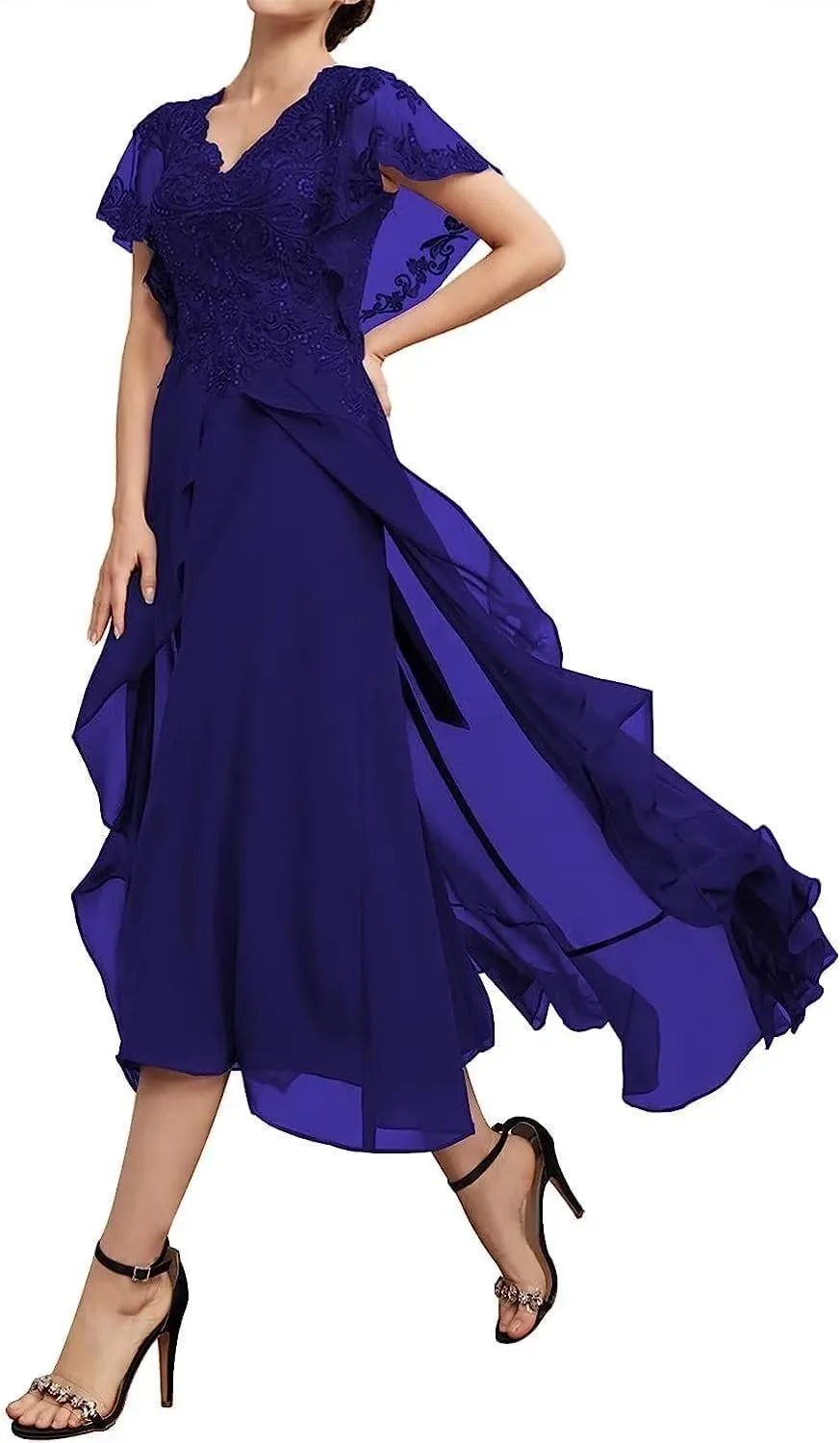 Women's Chiffon Mother of The Bride Dresses Tea Length with Sleeves Lace High Low Long Formal Evening Gowns