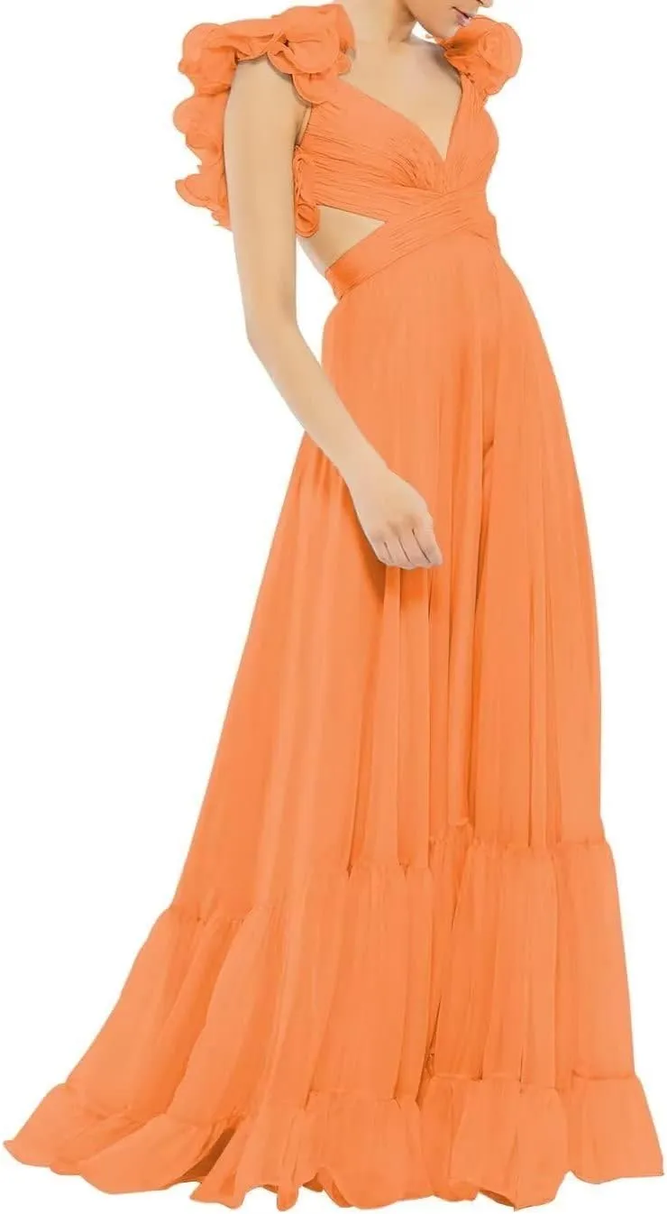 Women's Chiffon Prom Dresses 2024 Long V Neck Bridesmaid Dresses Sleeveless A Line Formal Evening Gown QM934