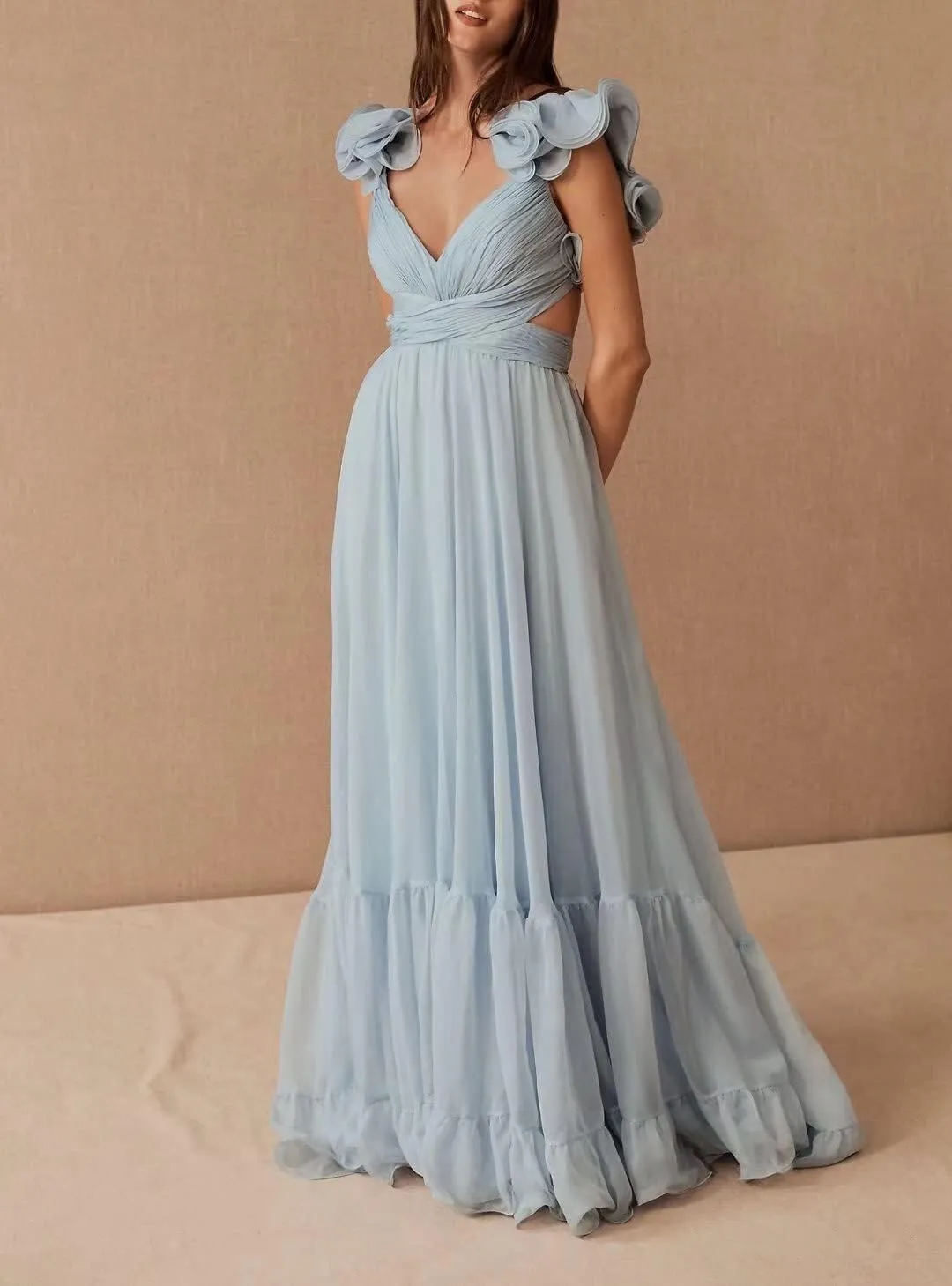 Women's Chiffon Prom Dresses 2024 Long V Neck Bridesmaid Dresses Sleeveless A Line Formal Evening Gown QM934