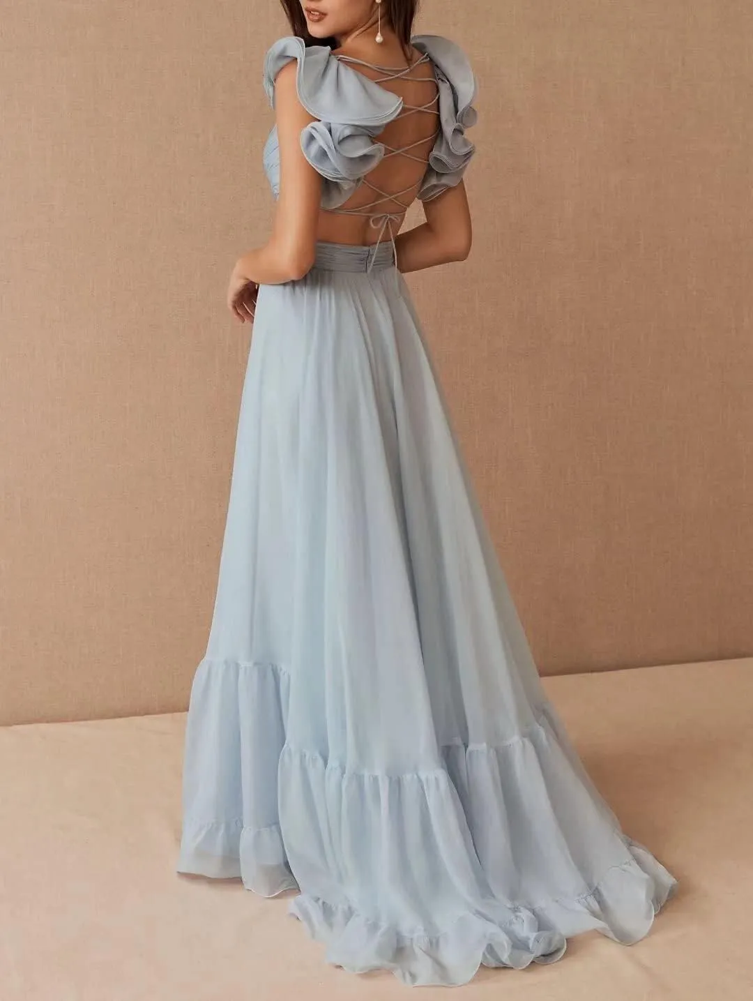 Women's Chiffon Prom Dresses 2024 Long V Neck Bridesmaid Dresses Sleeveless A Line Formal Evening Gown QM934