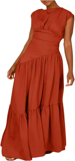 Women's Cocktail Dresses Dressy Casual Loose Sleeveless Ruffle Hem Pleated Flowy Long Maxi Dress Evening Party Dress