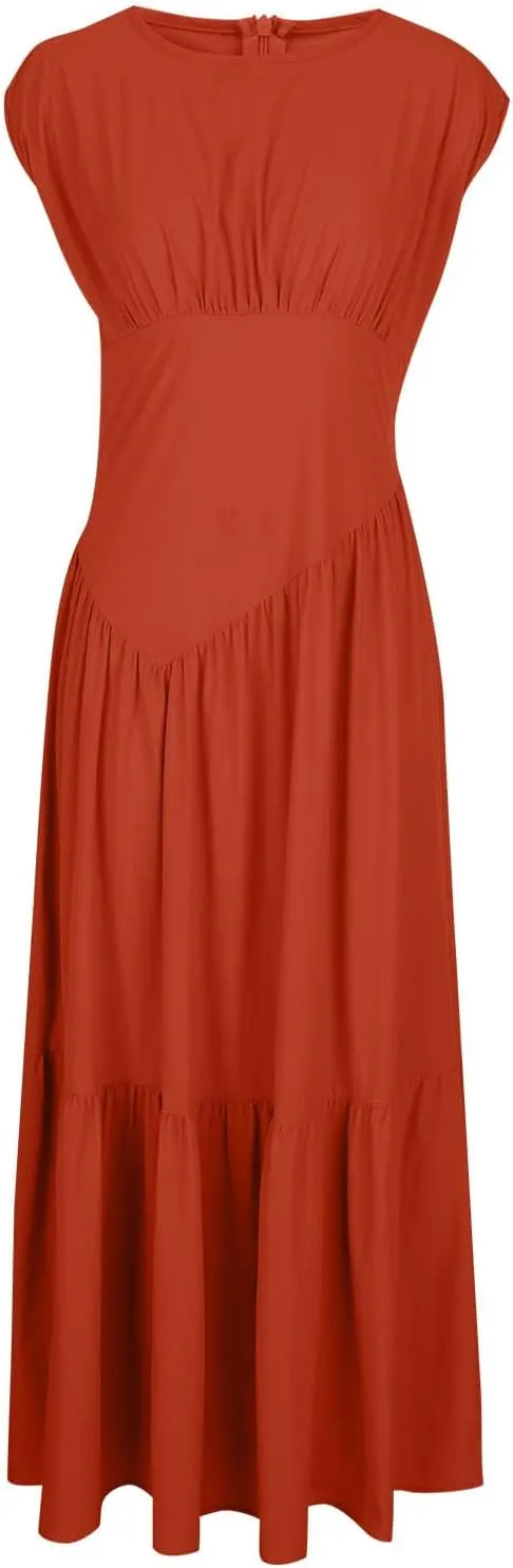 Women's Cocktail Dresses Dressy Casual Loose Sleeveless Ruffle Hem Pleated Flowy Long Maxi Dress Evening Party Dress