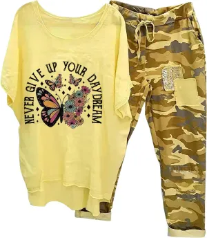 Womens Cotton Linen 2 Piece Sets Short Sleeve T Shirt and Camo Straight Leg Pants Summer Outfits Boho Printed Suits