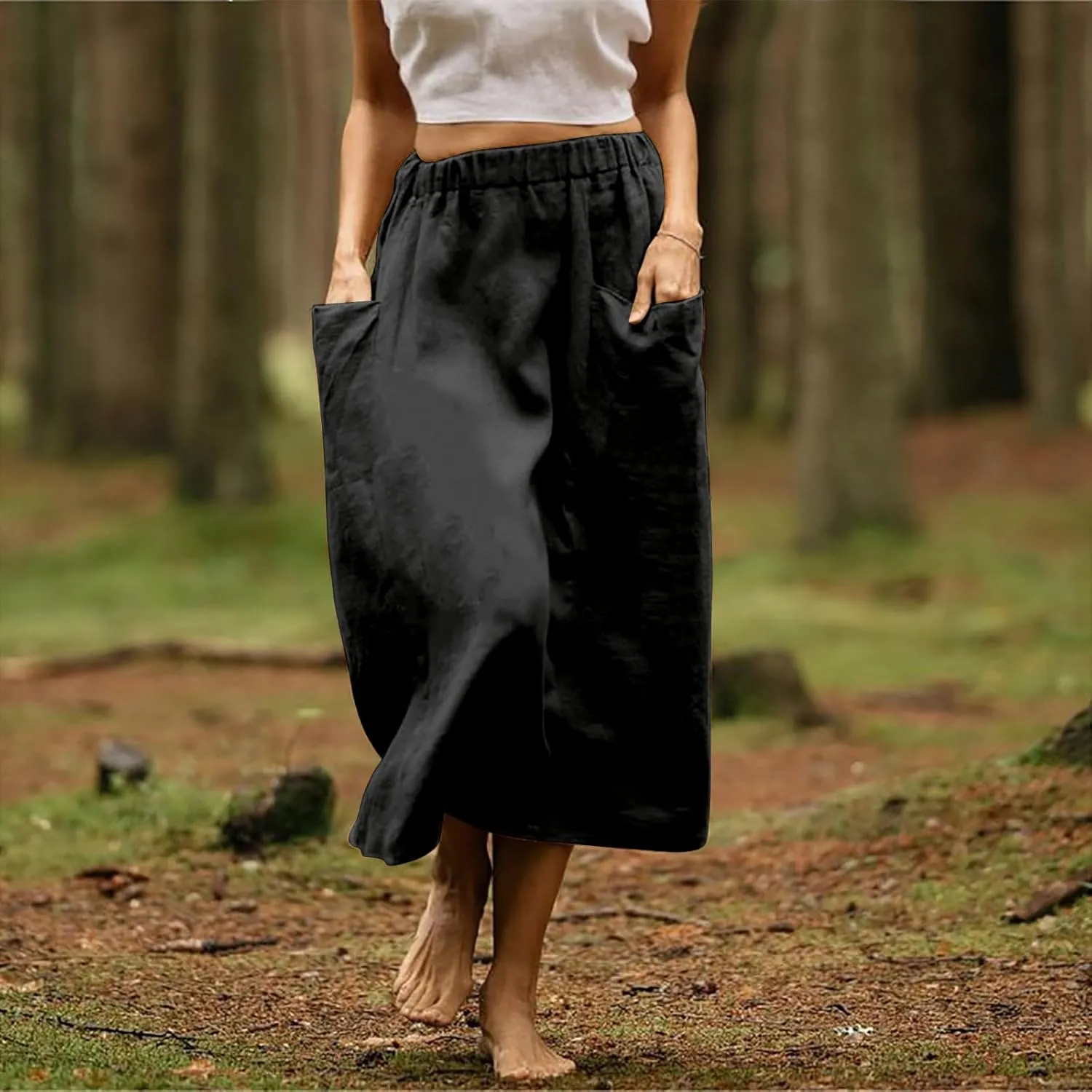 Women's Cotton Linen Casual Midi Skirt High Elastic Waisted Long Skirts Fall Winter Solid Color Skirt with Pockets