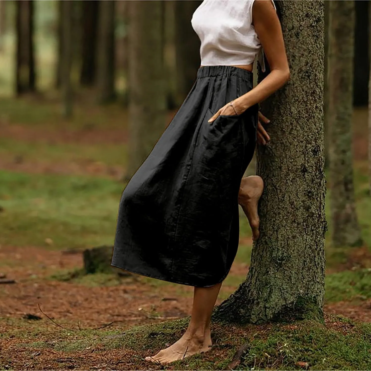Women's Cotton Linen Casual Midi Skirt High Elastic Waisted Long Skirts Fall Winter Solid Color Skirt with Pockets