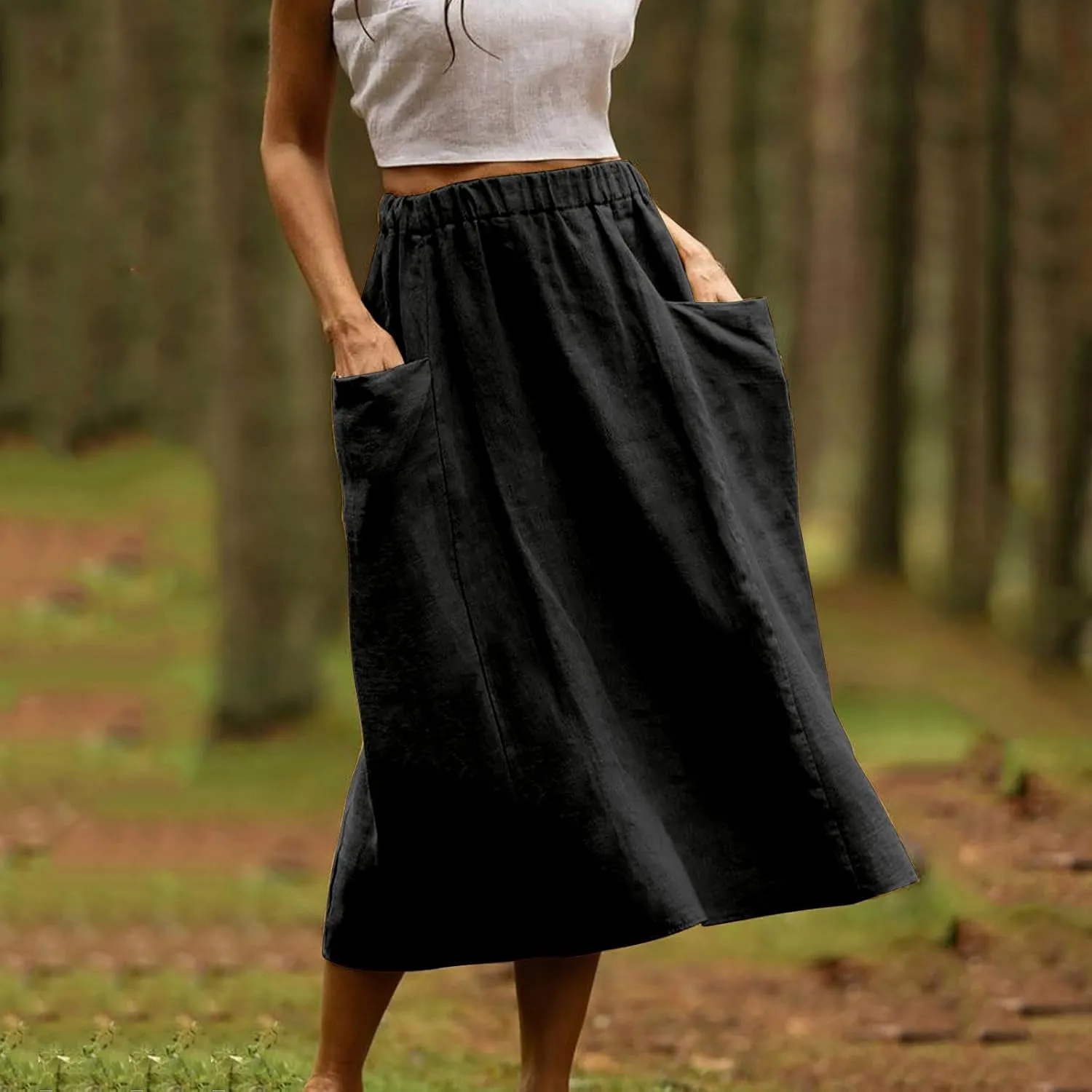 Women's Cotton Linen Casual Midi Skirt High Elastic Waisted Long Skirts Fall Winter Solid Color Skirt with Pockets