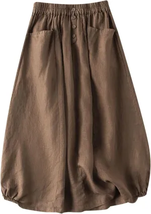 Women's Cotton Linen Skirts Elastic High Waist Button Pleated Midi Skirt with Pockets Casual Fashion Loose Fit Skirt