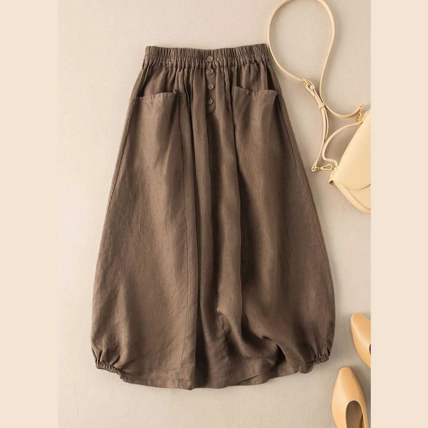 Women's Cotton Linen Skirts Elastic High Waist Button Pleated Midi Skirt with Pockets Casual Fashion Loose Fit Skirt