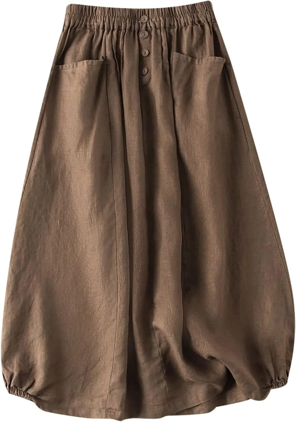 Women's Cotton Linen Skirts Elastic High Waist Button Pleated Midi Skirt with Pockets Casual Fashion Loose Fit Skirt