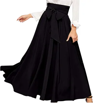Women's Elegant High Waisted Skirt Tie Front Pleated Maxi Skirts Fashion Solid Color Flowy Swing Ankle Length Skirt