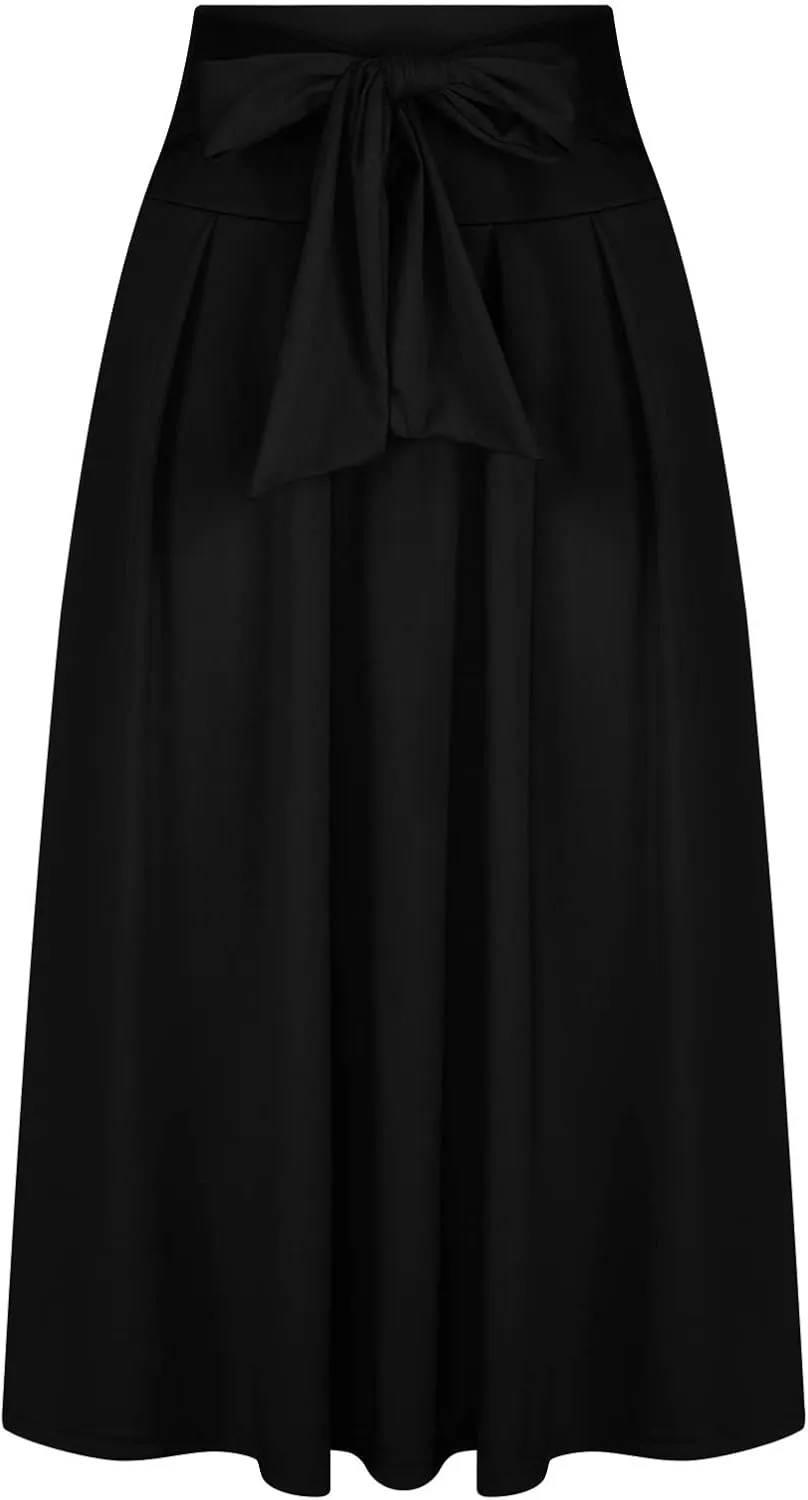 Women's Elegant High Waisted Skirt Tie Front Pleated Maxi Skirts Fashion Solid Color Flowy Swing Ankle Length Skirt