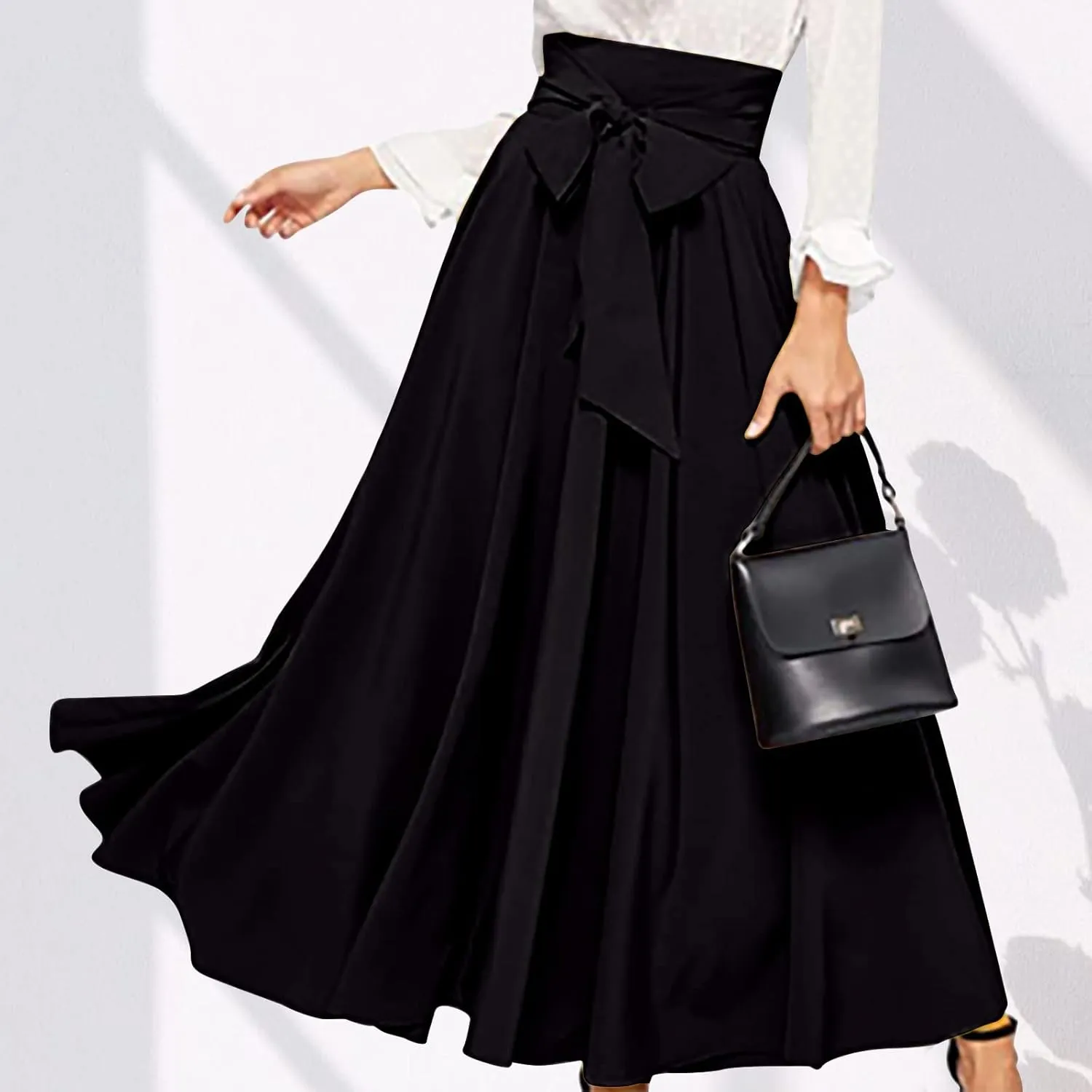 Women's Elegant High Waisted Skirt Tie Front Pleated Maxi Skirts Fashion Solid Color Flowy Swing Ankle Length Skirt
