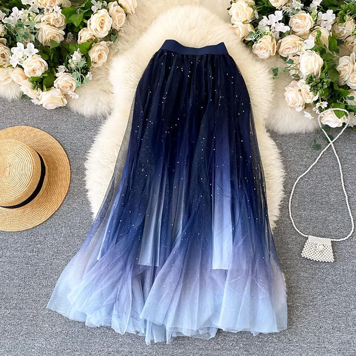 Women's Fairy Tulle Skirt Starry Sky Gradient Color Mesh Skirt High Waist A Line Pleated Skirt Sequin Skirt