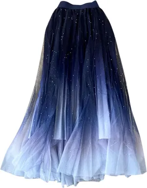 Women's Fairy Tulle Skirt Starry Sky Gradient Color Mesh Skirt High Waist A Line Pleated Skirt Sequin Skirt