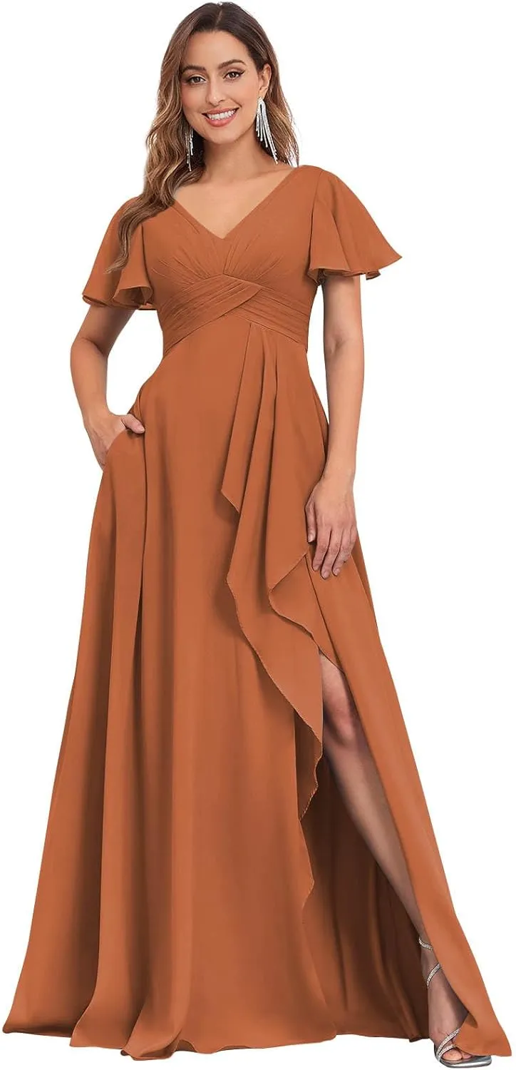Women's Flutter Sleeve Bridesmaid Dresses V Neck Chiffon Pleated Long Formal Evening Dress with Slit Pockets