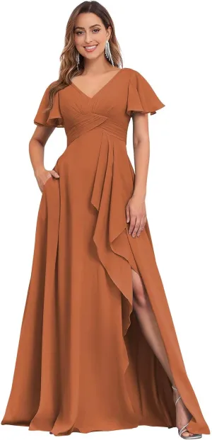 Women's Flutter Sleeve Bridesmaid Dresses V Neck Chiffon Pleated Long Formal Evening Dress with Slit Pockets