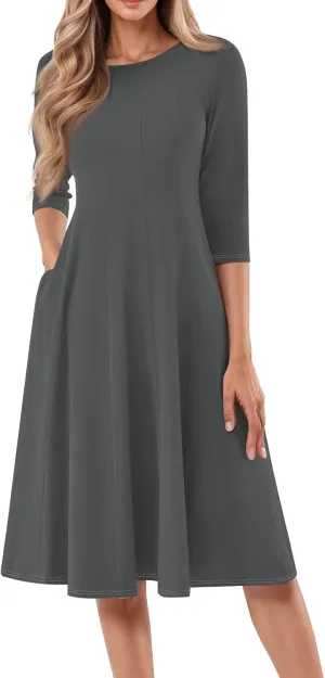 Women's Formal Dresses Solid Color Flowy Vintage Casual Swing Summer Spring Midi 3/4 Sleeve Dress