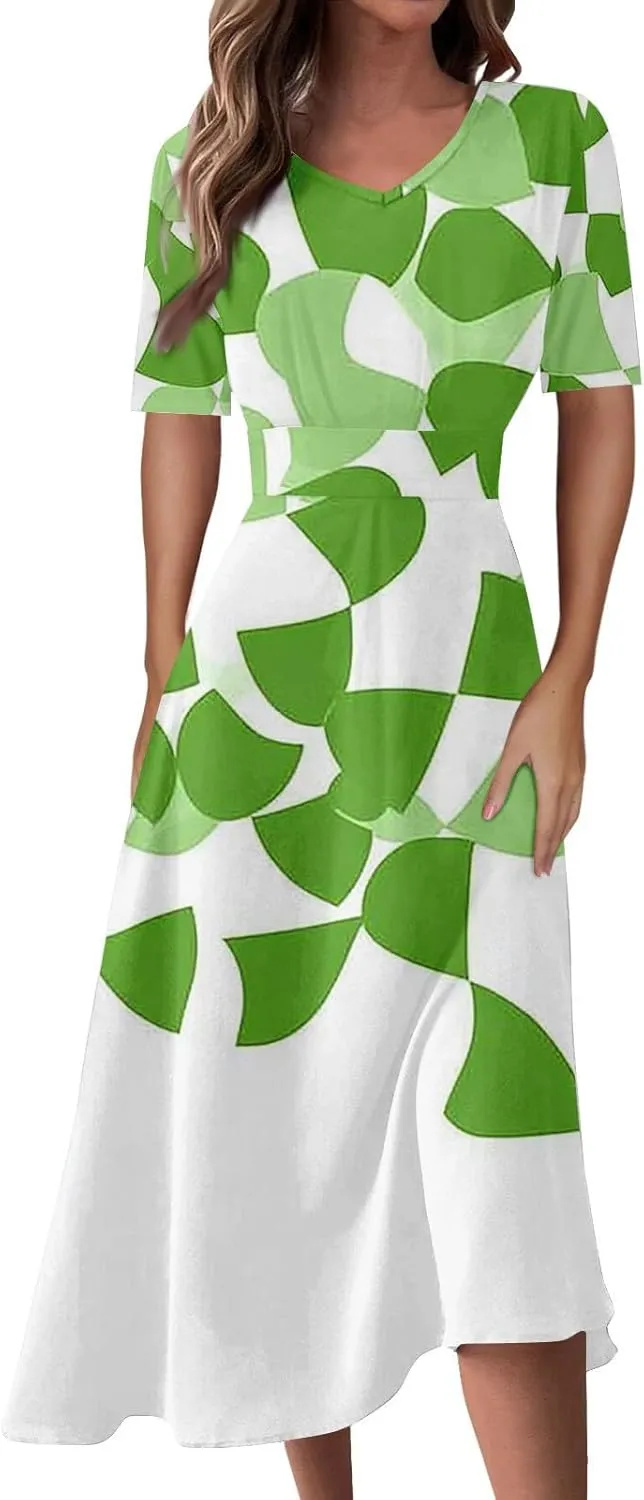 Womens High Waist Dresses 2025 Summer Short Sleeve V-Neck Floral Print Midi Dress Cocktail Party Dresses