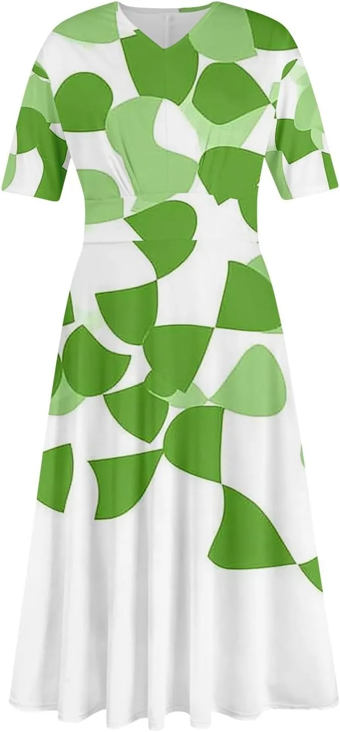 Womens High Waist Dresses 2025 Summer Short Sleeve V-Neck Floral Print Midi Dress Cocktail Party Dresses