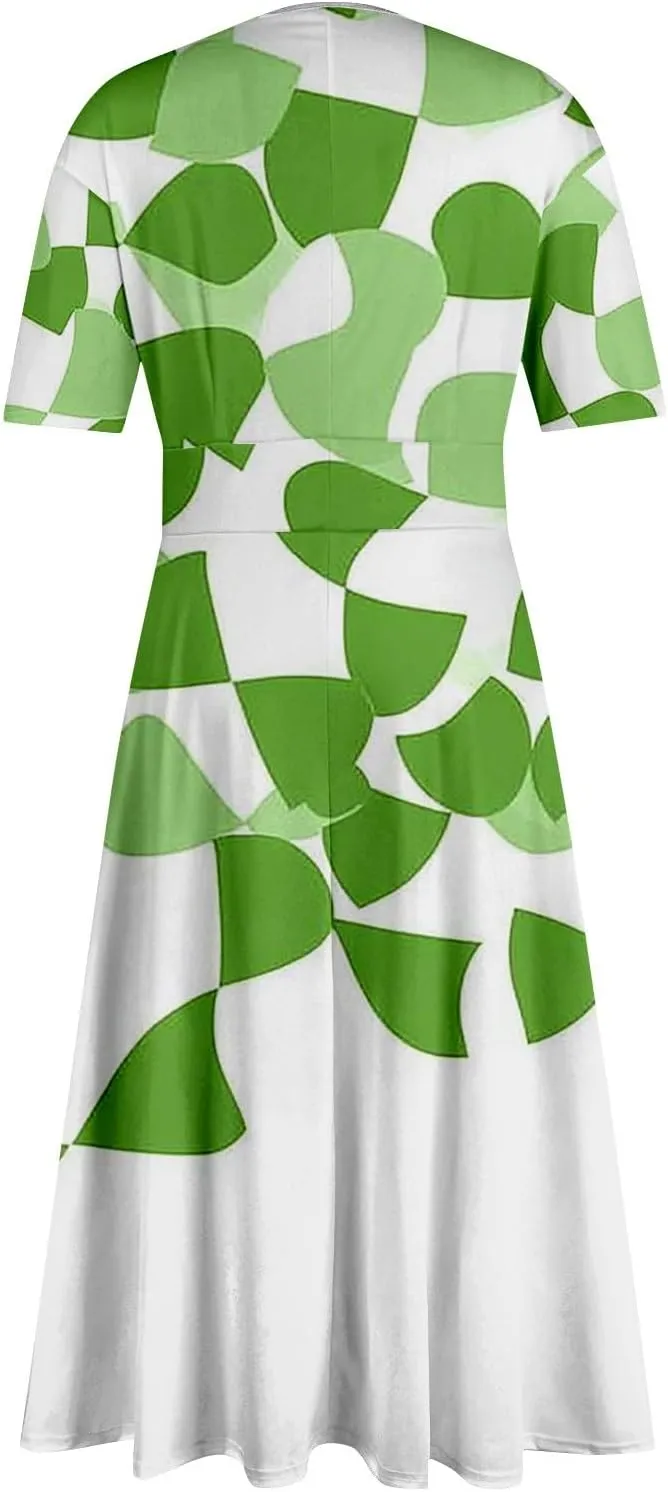Womens High Waist Dresses 2025 Summer Short Sleeve V-Neck Floral Print Midi Dress Cocktail Party Dresses
