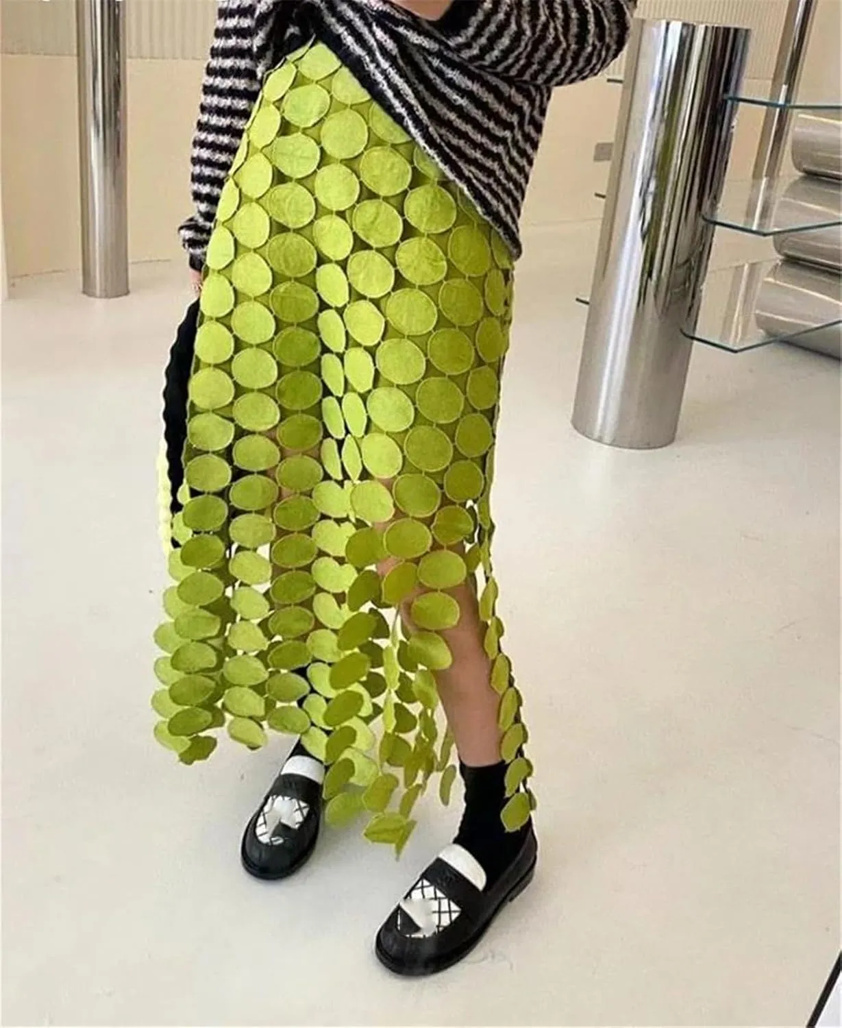 Women's Irregular Tassel Hem Hollow Out Skirt High Waist Patchwork Solid Midi Skirts Female Summer Clothing