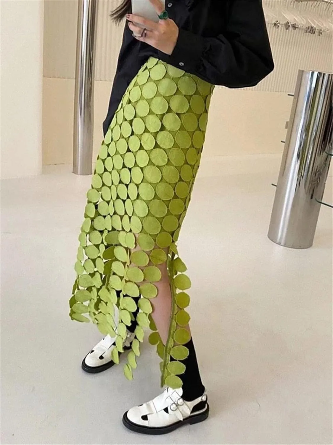 Women's Irregular Tassel Hem Hollow Out Skirt High Waist Patchwork Solid Midi Skirts Female Summer Clothing