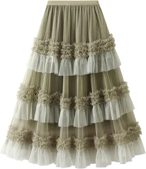 Women's Layered Long Tulle Skirt Color Block Ankle-Length A-Line High Waisted Mesh Maxi Skirt for Evening Party Club